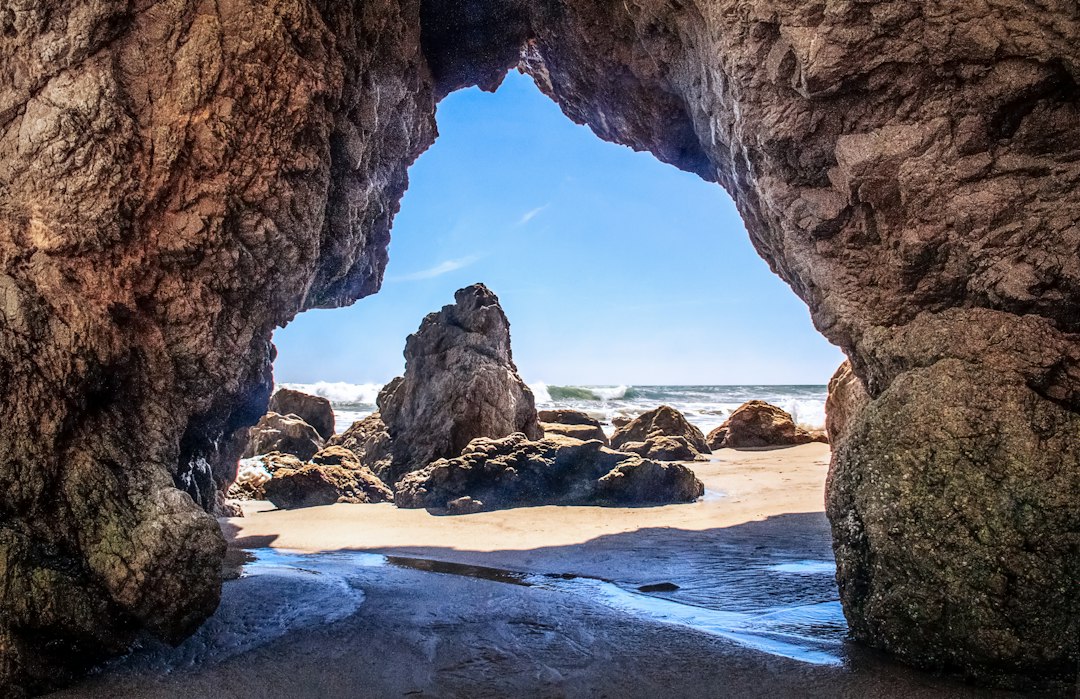 Rock formations and Pacific coastline at El Matador Beach in Malibu, California